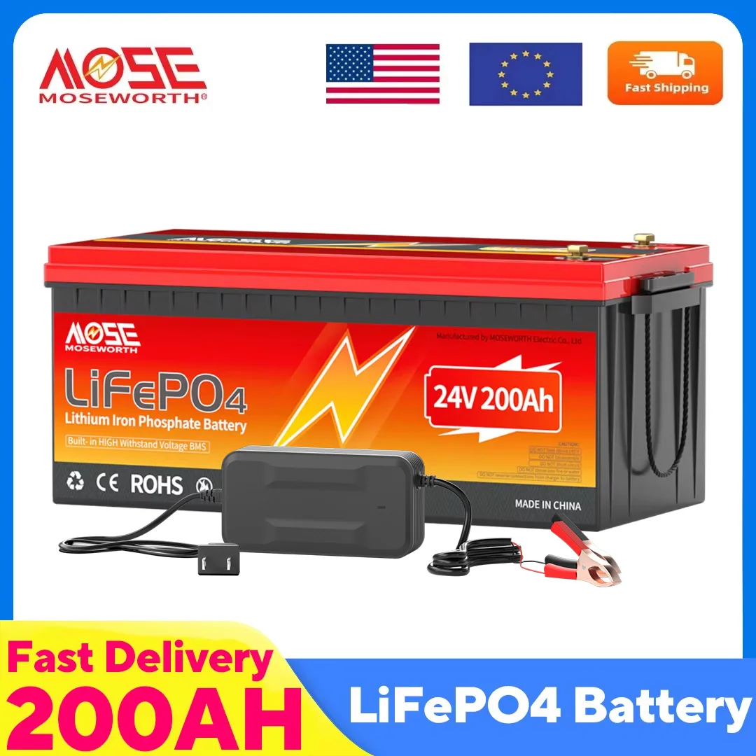 MOSEWORTH 24V 200Ah LiFepo4 Battery Built in 200A BMS Rechargeable Lithium Batteries for Boat Marine RV Solar Trolling Motor