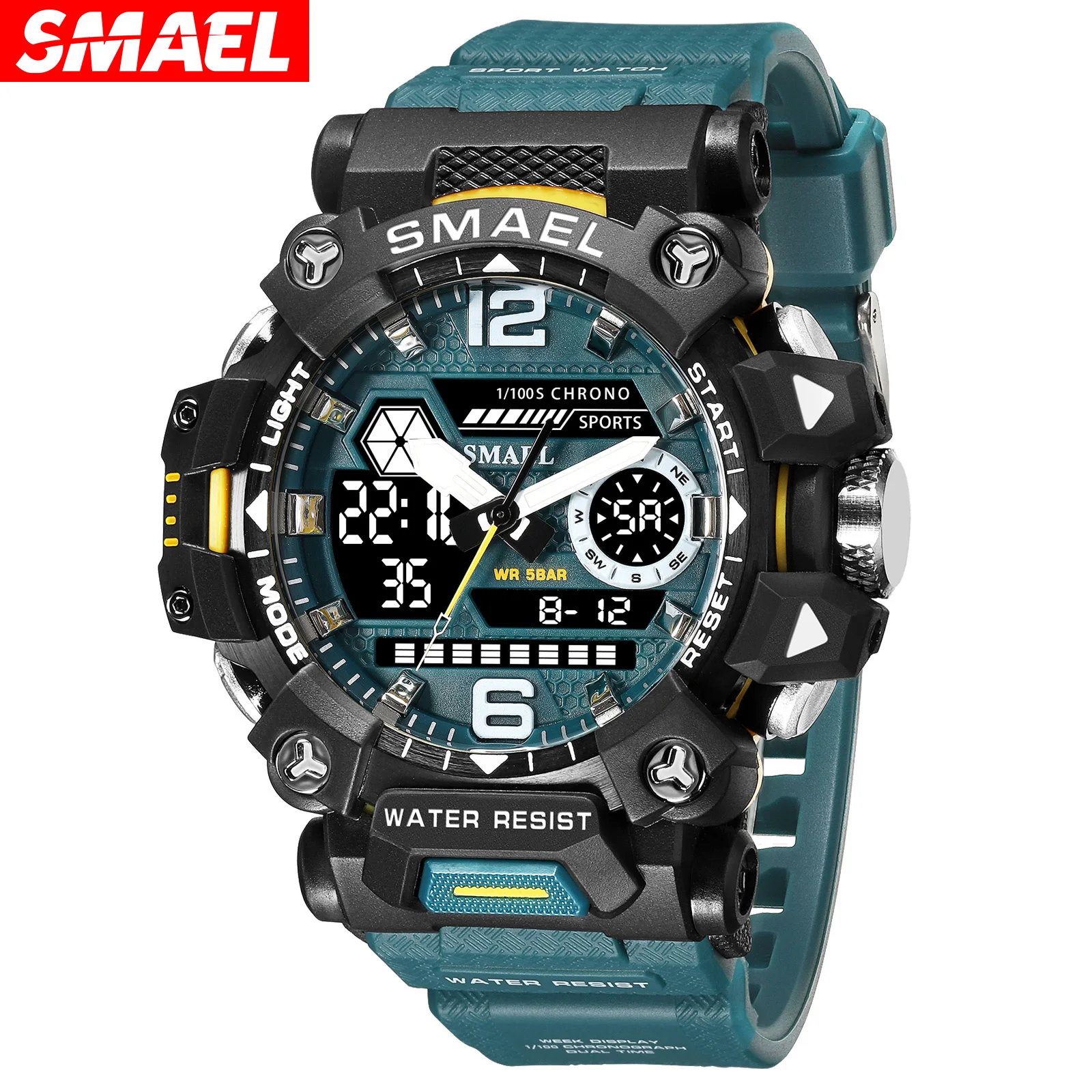 SMAEL 8072 Alloy Military Style Watch Night Glow Waterproof Dual Display Quartz Electronic Watch Outdoor Tactical Men\'s