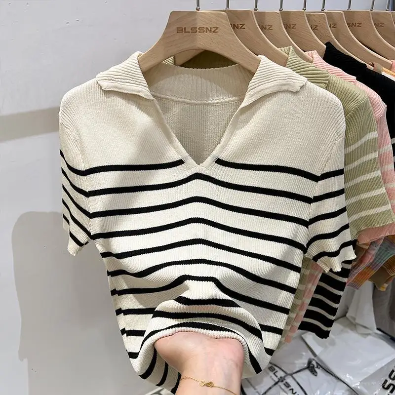 Contrasting Colors Stripe Short Sleeved Female Summer Self Cultivation Lapel Collar Multicolor Bottoming Shirt Comfortable Tops