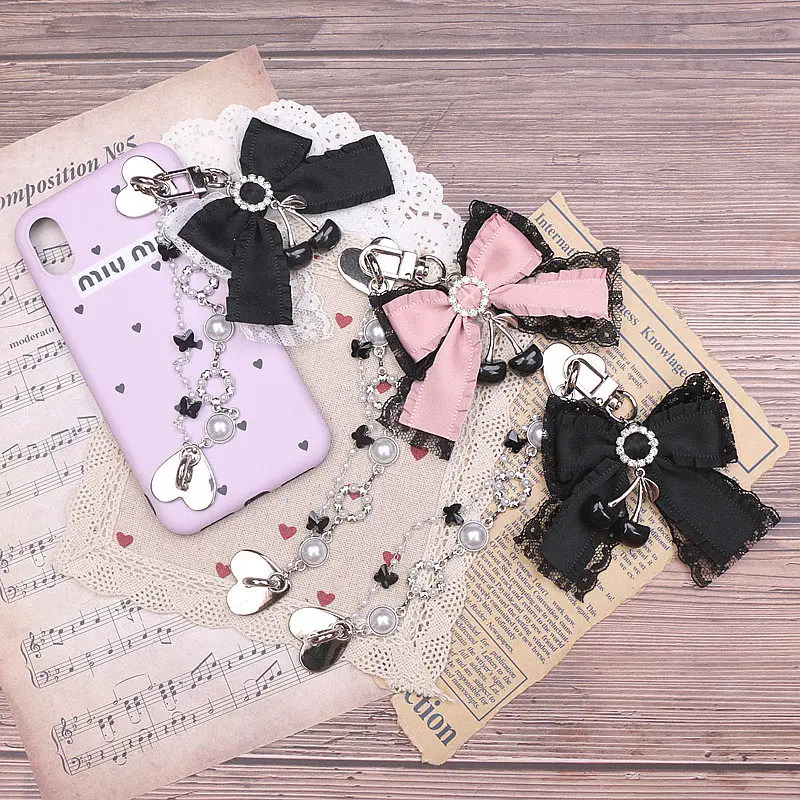 

Lolita Phone Charm Dark Cherry Rhinestone Bow Handmade Phone Strap Kawaii Gothic Phone Case Accessory for Women