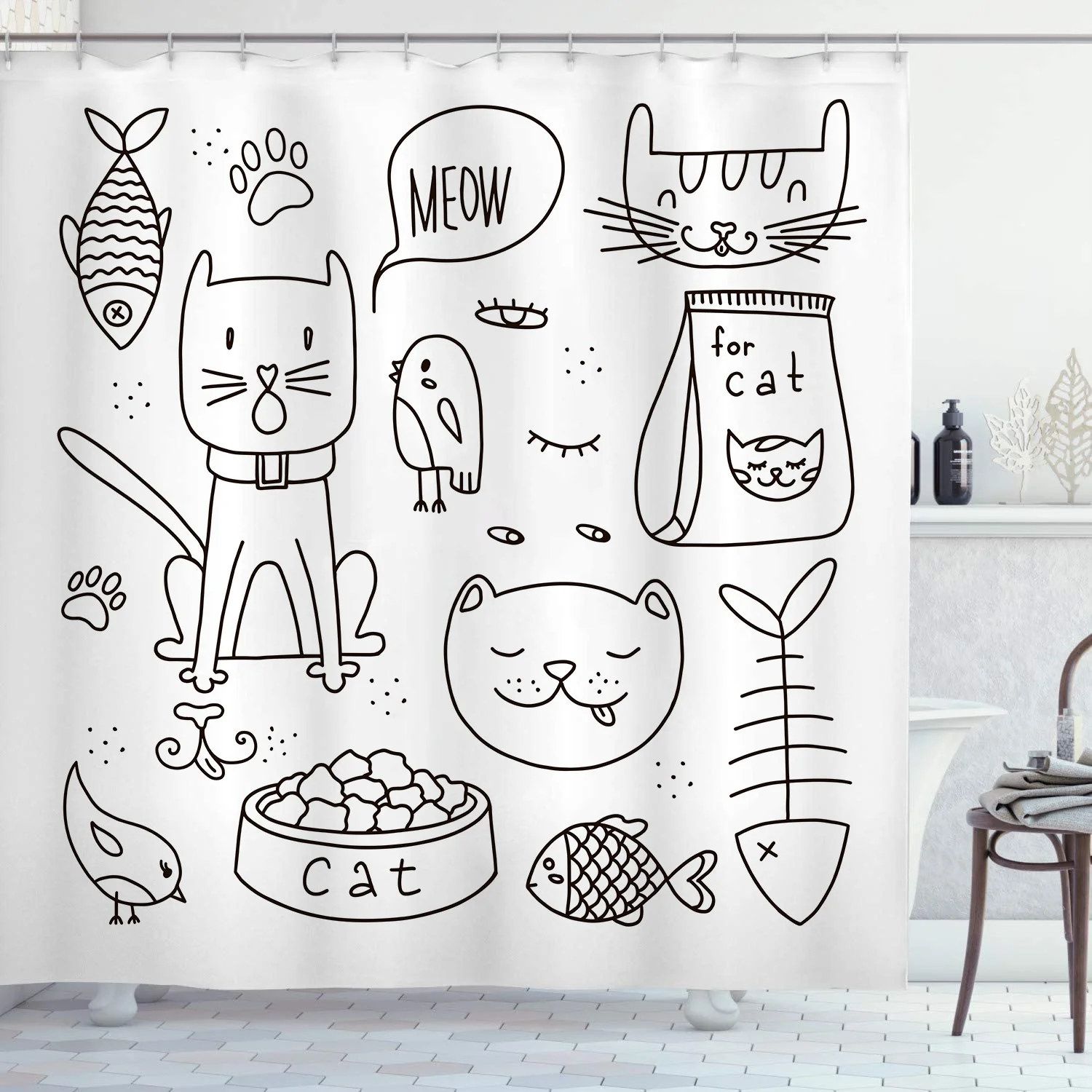 Black Line Katzen-Duschvorhänge, waschbarer Stoff, Polyester, für Badewanne, Kunst, Badezimmer, Dekor, Trennwand mit Haken, zum Aufhängen, wasserdicht – Detail 8
