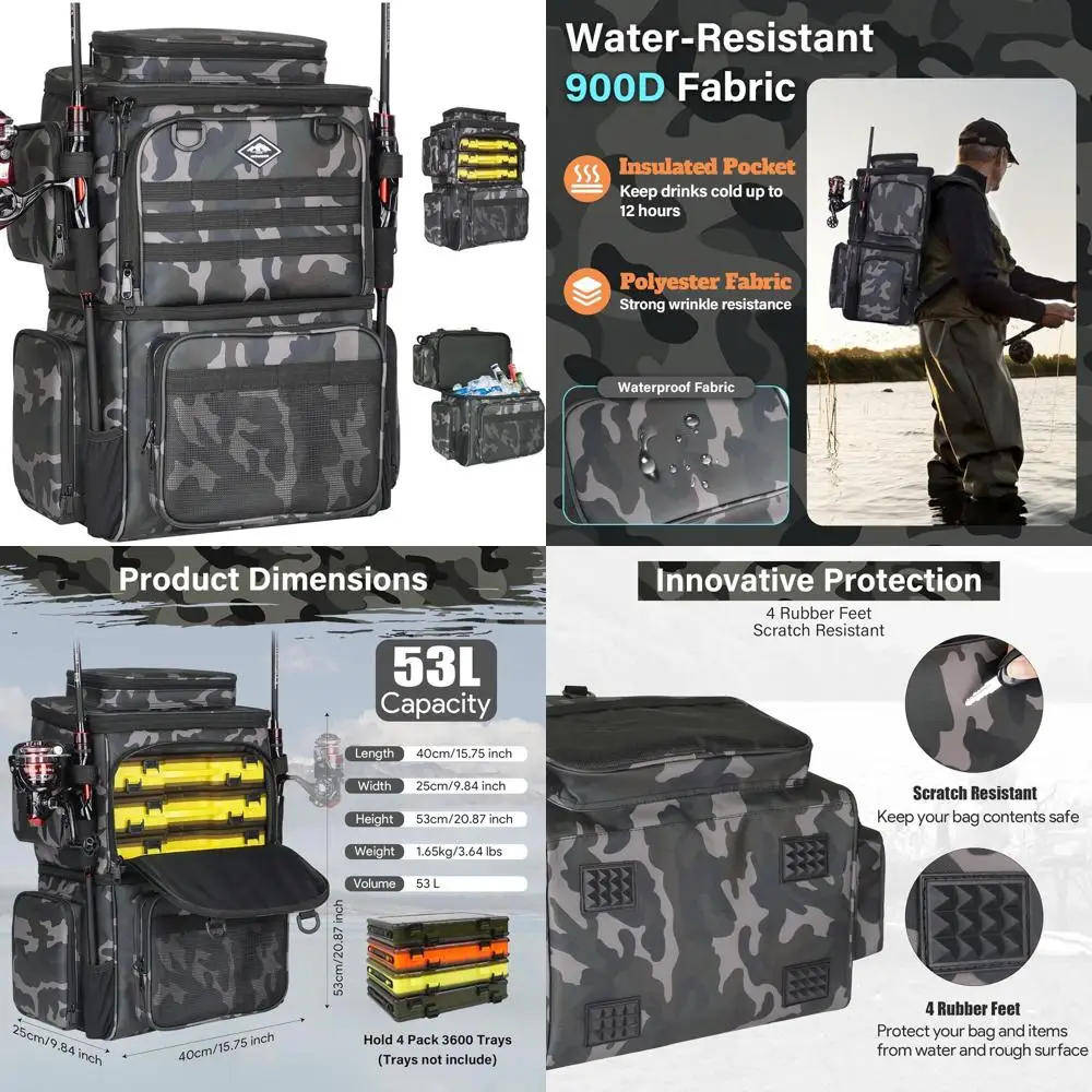 

Большой водонепроницаемый рыболовный рюкзак на 53 л с термосумкой, 2 держателями для удочек, держателем для бутылки и отделением для снастей для мужчин