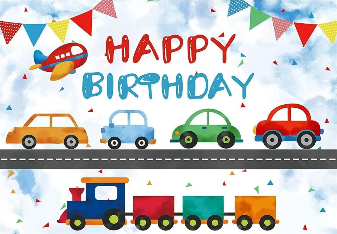 Transportation Happy Birthday Party Backdrop Automobile Train Planes Car Boy Photography Background Banner for Kids Decorations