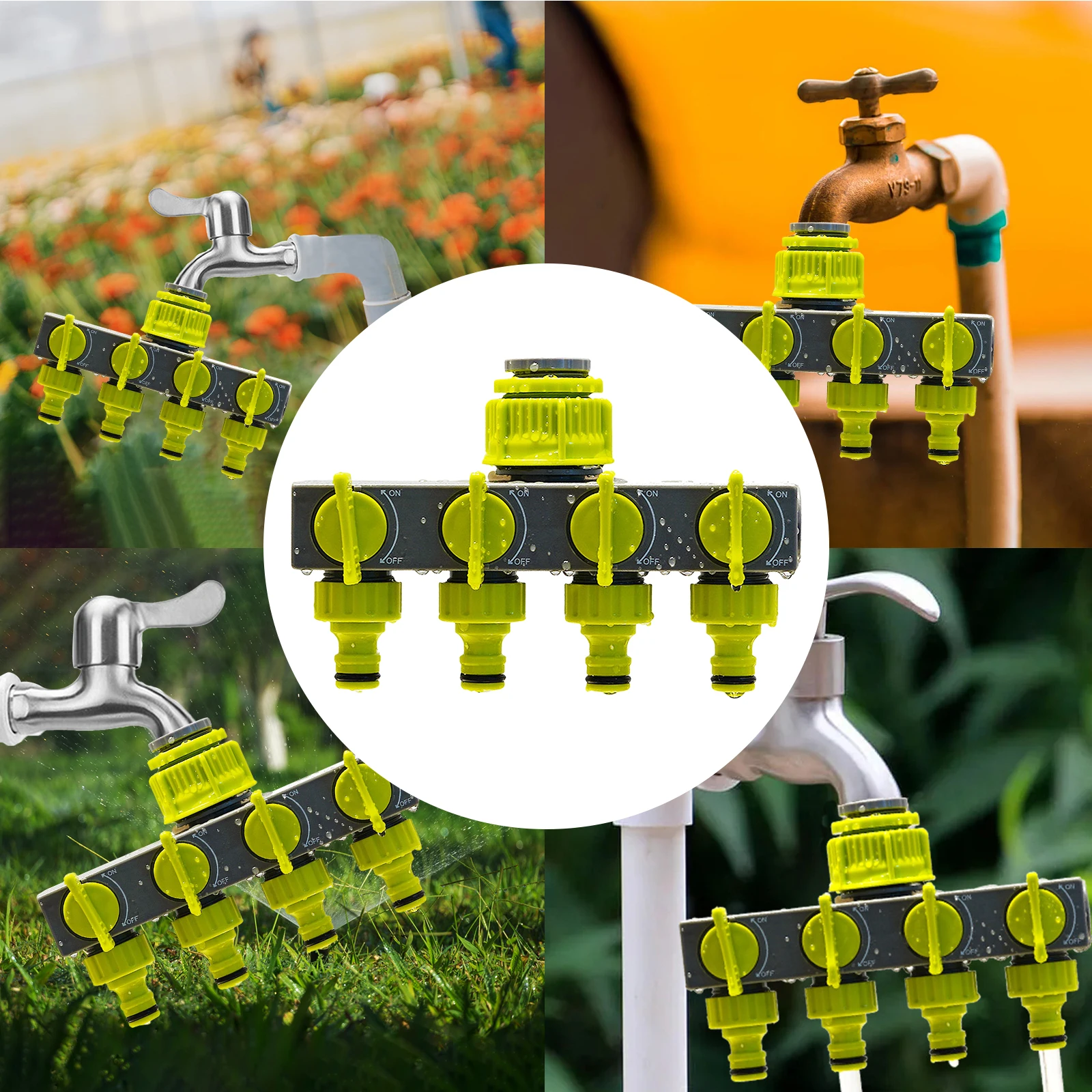 Faucet Diverter Tap 4 Way Garden Hose Connector Splitter Water Distributor for Outdoor Faucet Sprinkler Irrigation Systems