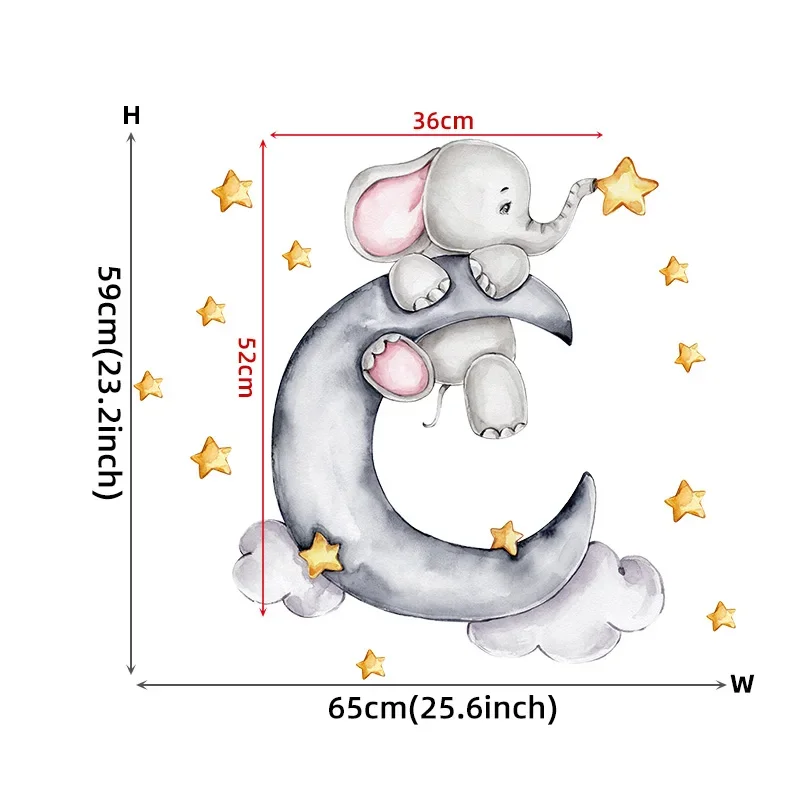 Cartoon Grey Baby Elephant Moon Gold Stars Wall Stickers for Kids Room Decor Nurserry Wall Decals Girl Boy Room Decorative