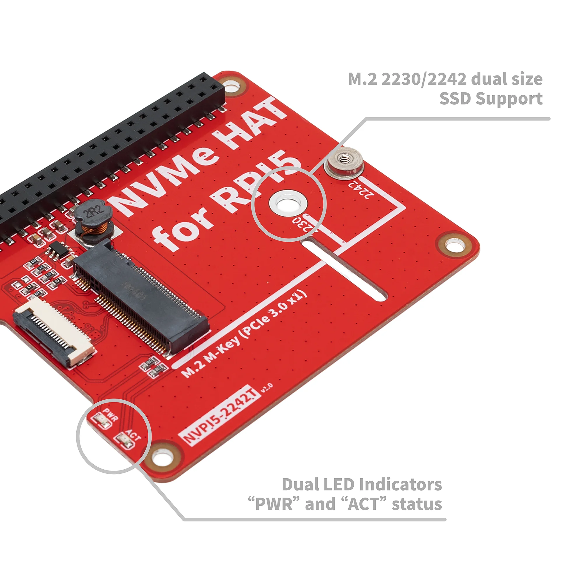 Raspberry Pi 5 NVME PCIe SSD HAT, NVPI5-2242T, 2230, 2242 M-Key, placa periférica PCIe para Raspberry Pi 5