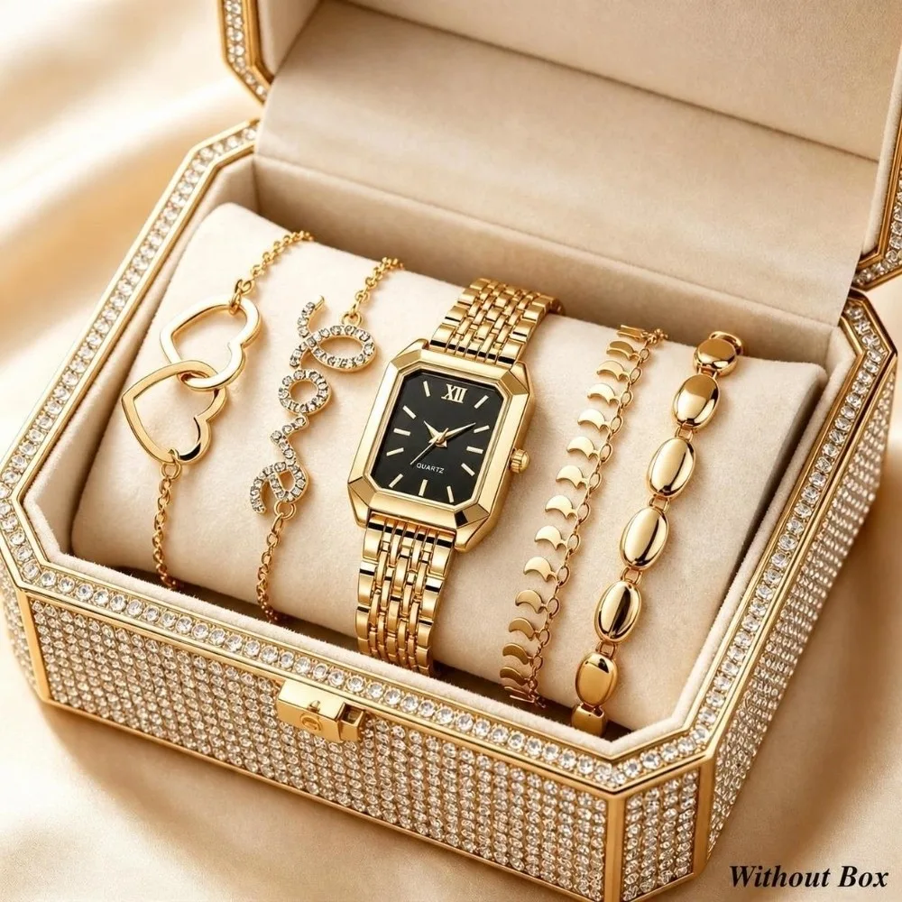 Quartz Movement Women Quartz Watch Rectangle Dial Rhinestone Decoration Rhinestone Bracelet Set Stainless Steel Strap