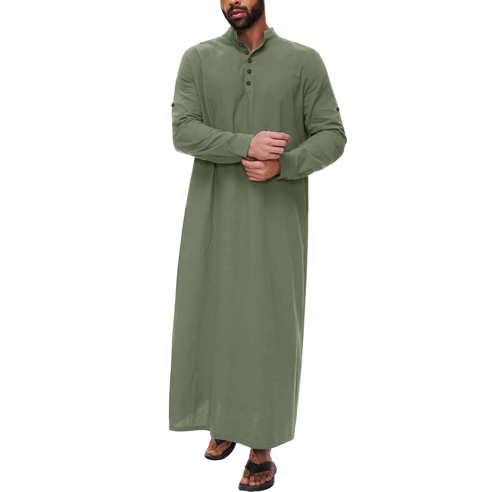 2024 Muslim Thobe for Men Kaftan with Pockets Button Down Long Gown Men's Arab Thobe Long Sleeve  Islamic Clothing