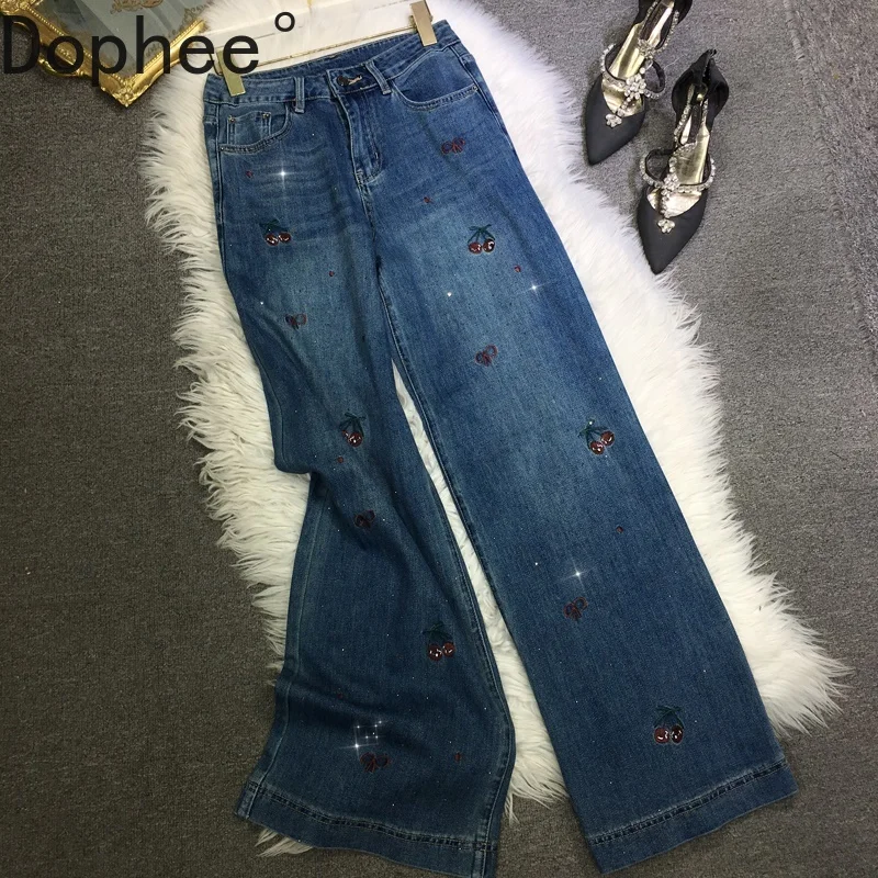 

Fashion Autumn Women Denim Trousers Diamonds Embroidery Cherry High Waist Straight Pants Floor-length Female Casual Blue Jeans