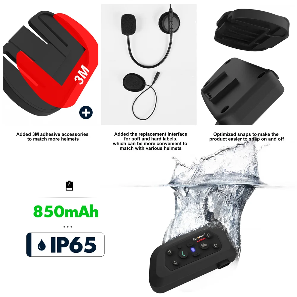 2026 New V6 PLUS Riders Motorcycle Intercom Bluetooth Wireless Helmet Headset 1200m Helmet Headset Waterproof Interphone Headset view 6