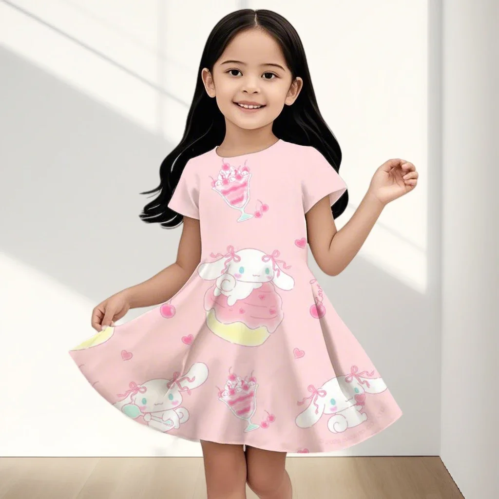 

Летнее платье MINISO, модное милое платье с 3D принтом Cinnamoroll Hello Kitty, детская одежда принцессы с короткими рукавами, одежда принцессы Kuromi