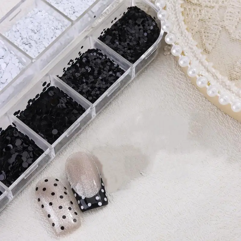 12 Grids Versatile Nail Glitter Black White Polka Dot Round Sequins Shiny Flakes for Home DIY Manicure Salon Craft