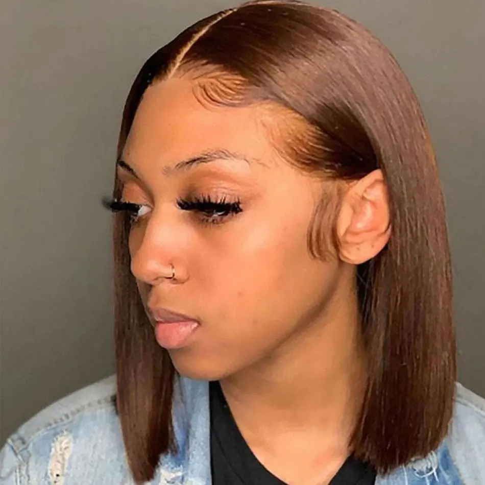 

16 inch Short Straight Chocolate Brown Bob Wig Human Hair 13x4 Hd Lace Front Wig 200% Density #4 Chocolate Brown Human Hair Wig