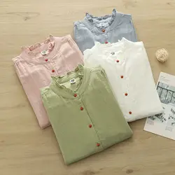 Enianechu 100% Cotton Yarn Women Shirts and Blouses Women Japan Style Green Blue White Pink Solid Base Long Sleeve Tops