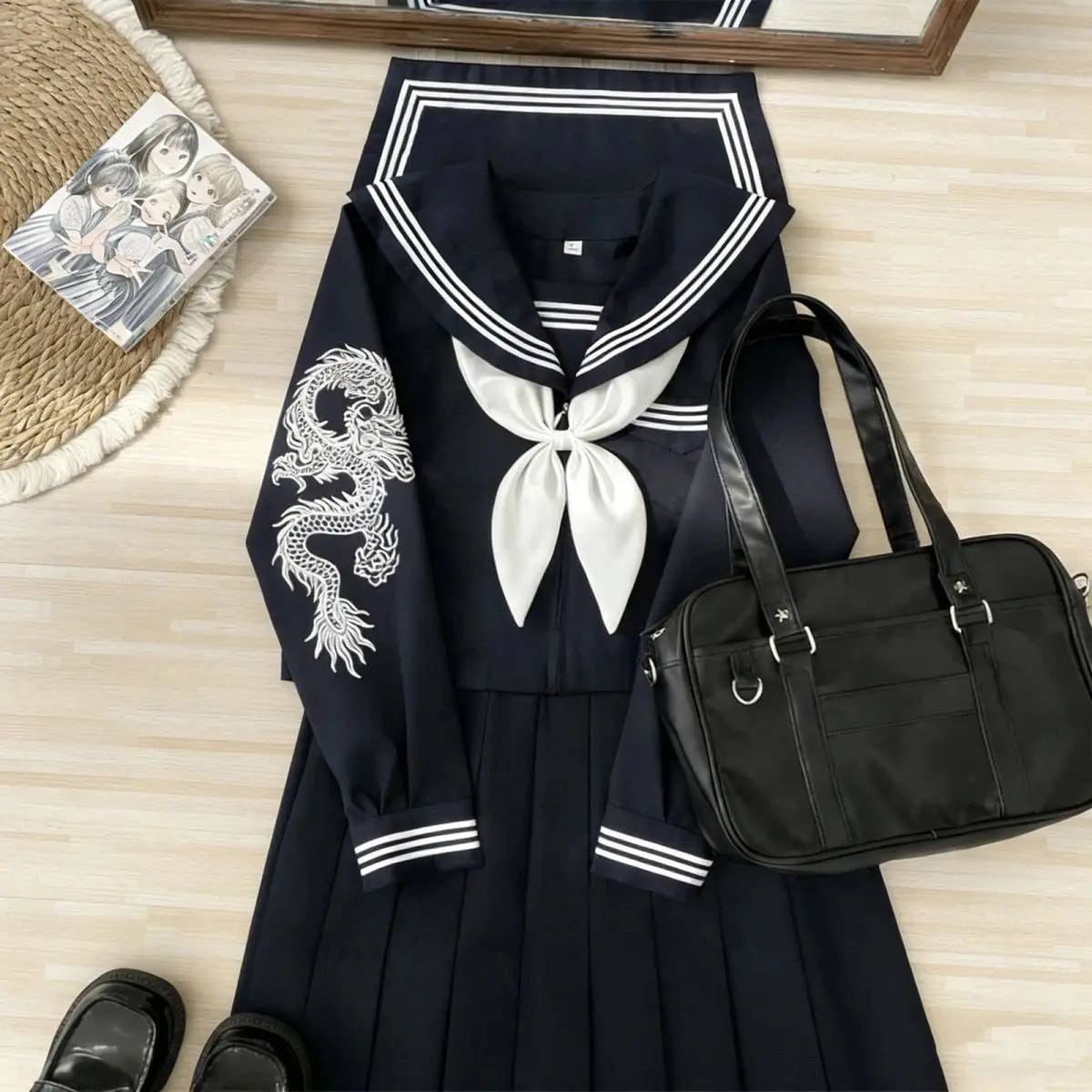 Japanese Dark Goth Punk Sailor Suit JK School Uniform Navy Blue Dragon Embroidery Long Sleeve Set Female Pleated Skirt Outfits view 4