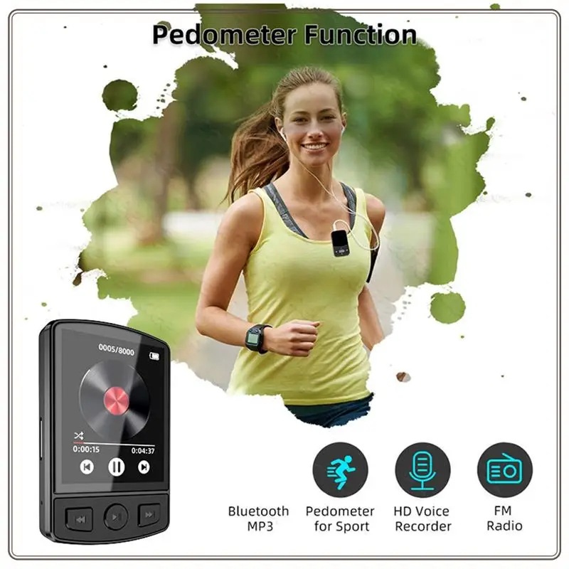 مشبك رياضي موثوق به وكمان صوت محمول Hifi صوت متوافق مع بلوتوث 5.0 مع شاشة 1.8 بوصة مع مشبك خلفي رياضي، Sport Cl