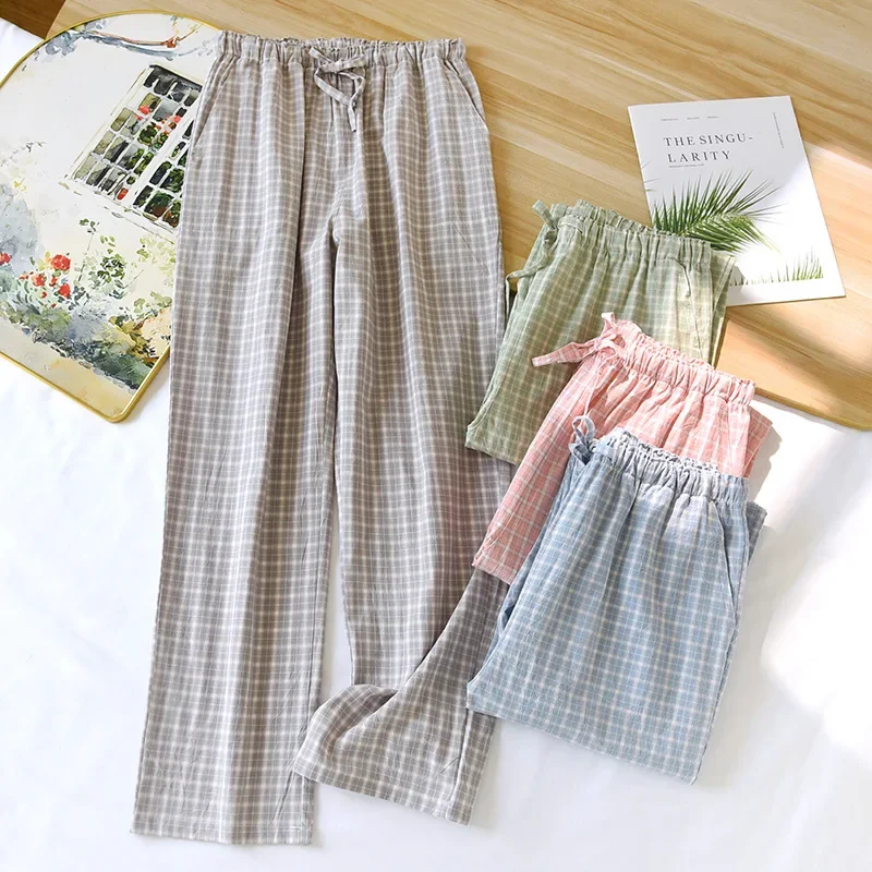 2024 Spring/Summer New Couple Sleeper Pants 100% Cotton Gauze Couple Pants Thin Simple Checkered Home Pants Cute Bottoms