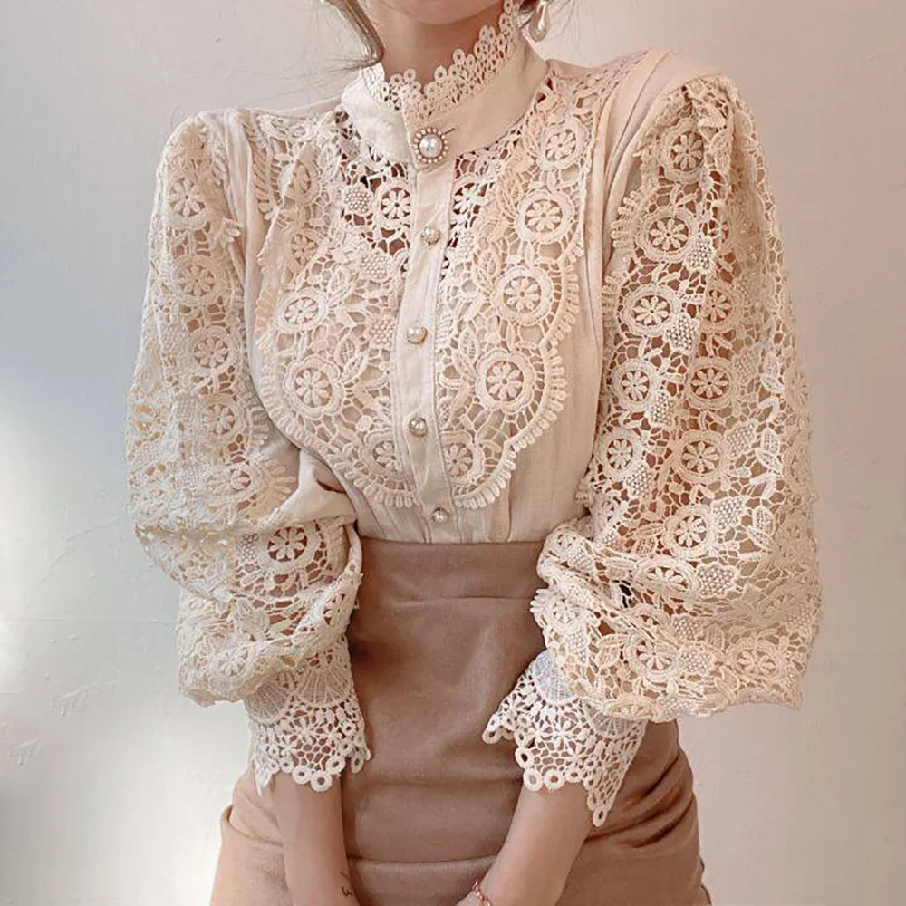 2024 Summer New Women\'s Lace Hollow Lace Long Sleeve Stand Collar Cotton Versatile Women\'s Shirt