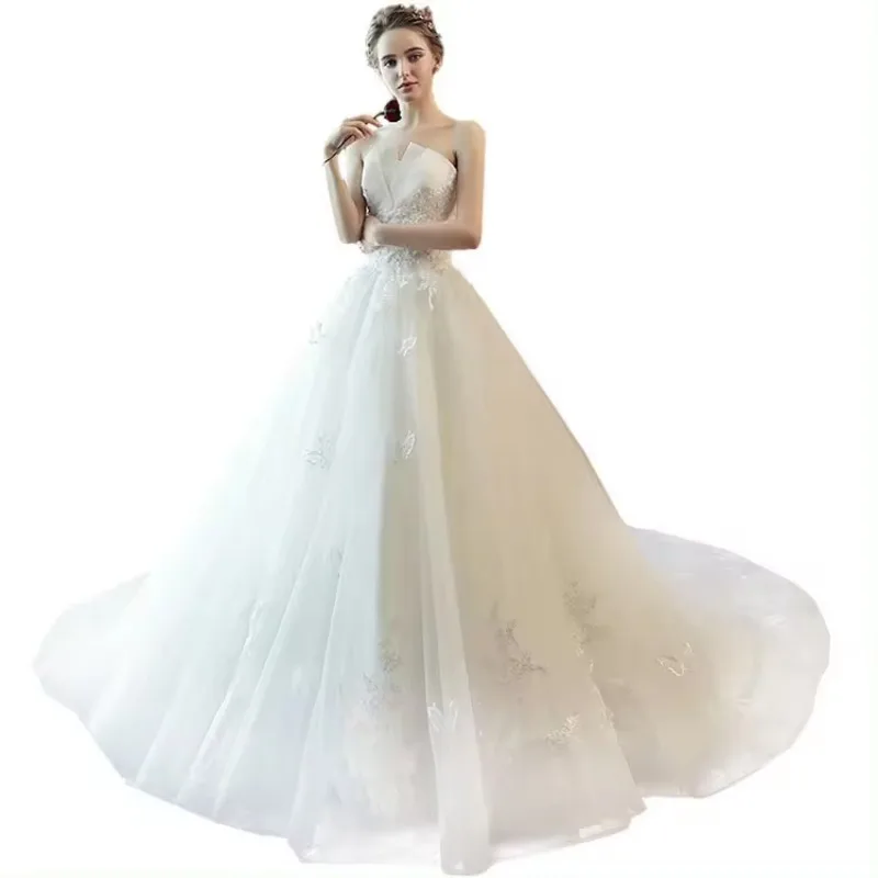 Vestido de noiva superior tubo renda, Estilo fada simples, Princesa Bordado Sonho, Noiva Sexy, Elegante Ferrovia Longa, Branco