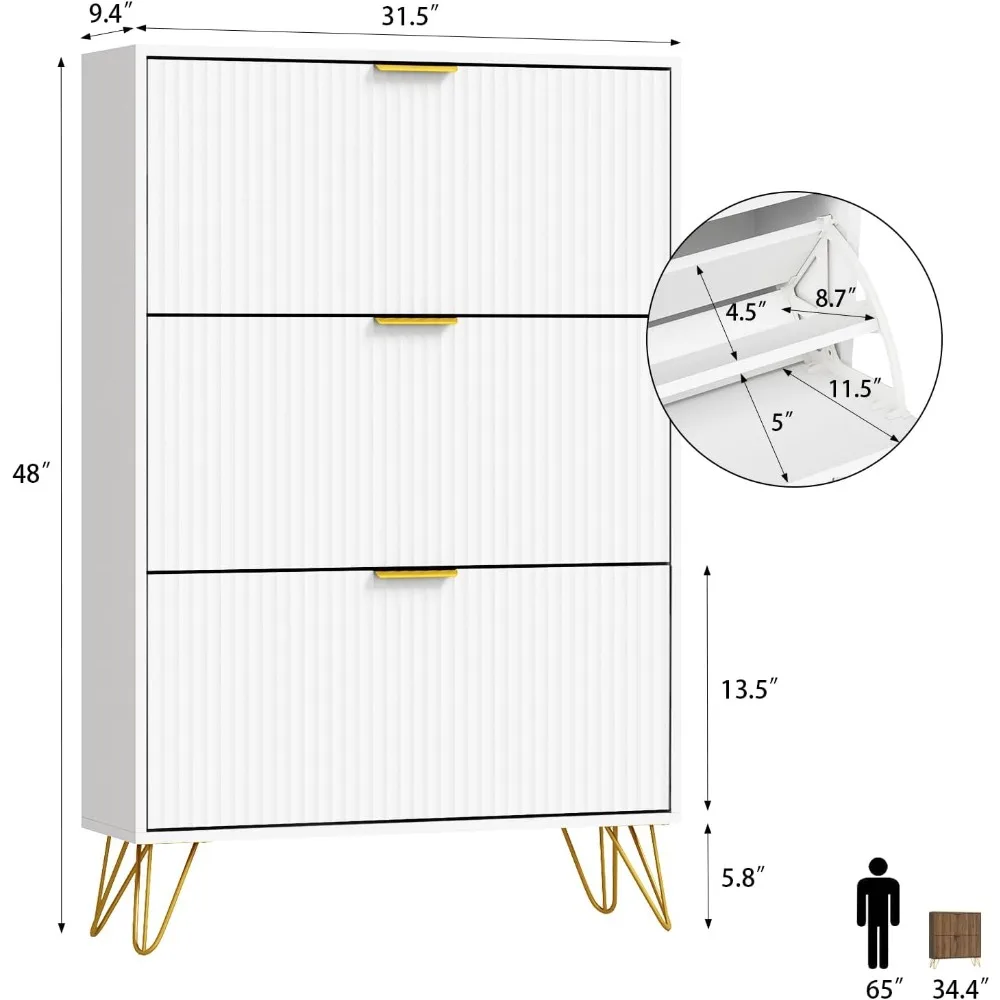 خزانة تخزين الأحذية ذات 3 أدراج - تصميم مخدد واسع 31.5 للمدخل، حل تخزين الأحذية الموفر للمساحة