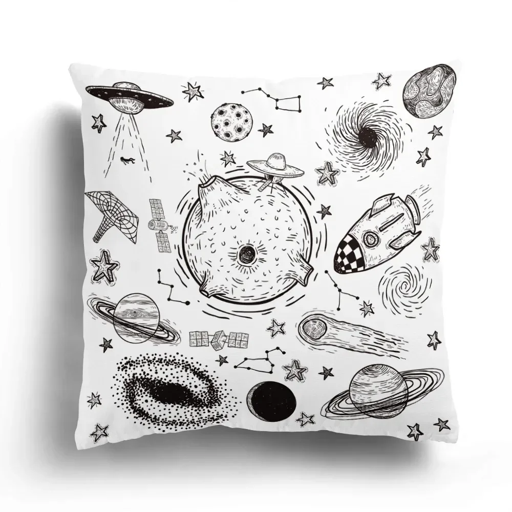 Home Sofa Cushion Cover Cartoon Pattern Pillowcase Fashion Black and White Star Astronaut