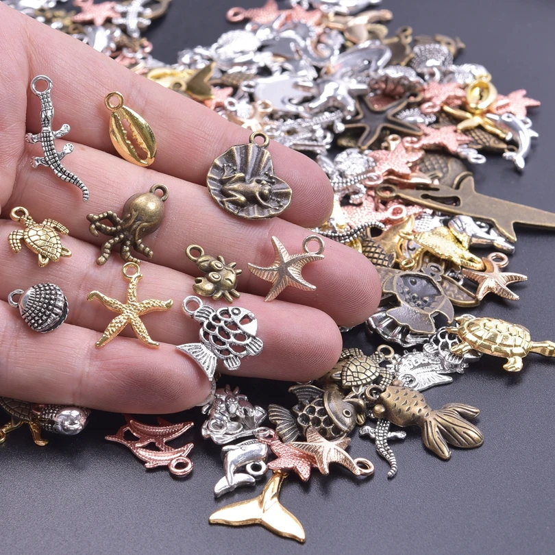 Ocean Theme Random Mix Vintage Fishtail Necklace Starfish Shell Charms Pendant Alloy Accessories diy Handmade Jewelry Making