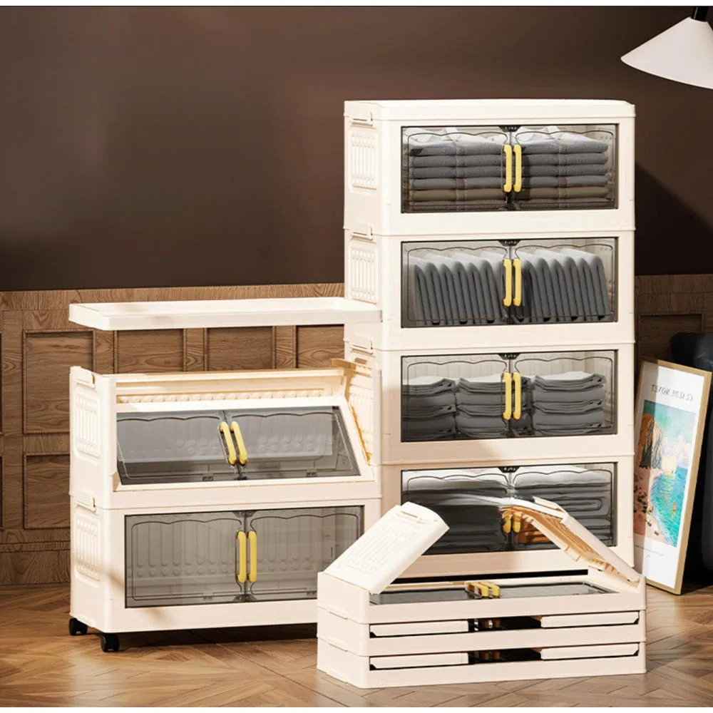 Armario de almacenamiento plegable de 4 niveles, 55 cm de ancho, armario de plástico apilable con ruedas y puertas transparentes. Organizador plegable y versátil, cajón para colocar junto a la cama, ideal para guardar ropa, juguetes, en el dormitorio, la sala de estar o la habitación de un estudiante.