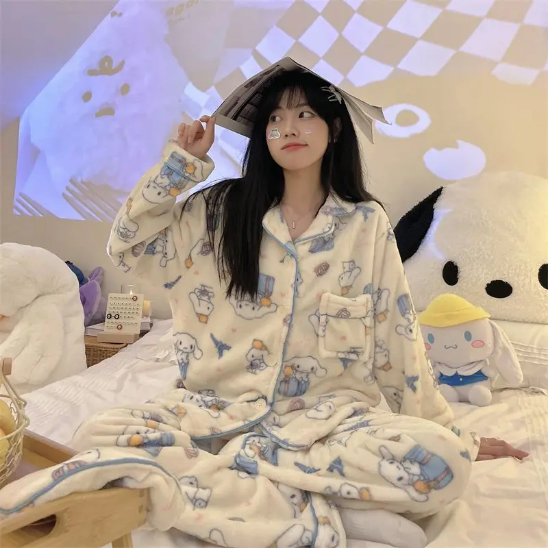 بيجامات سينامورول للفتيات للخريف والشتاء سميكة من الفلانيل المرجاني المخملي بدلة شتوية للطالبات ملابس منزلية ناعمة لطيفة