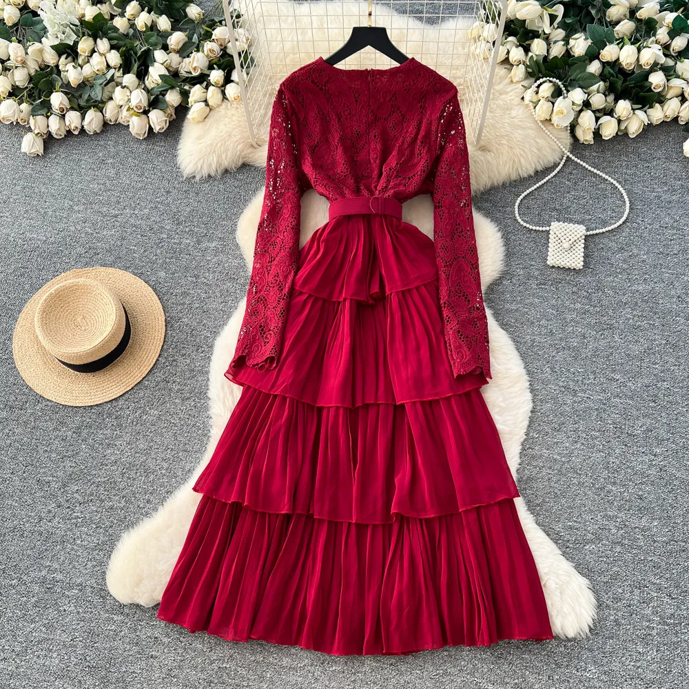 Renda manga longa a linha vestido feminino 2026 primavera nova cintura-cinch babados em camadas vestidos estilo francês vestido temperamento
