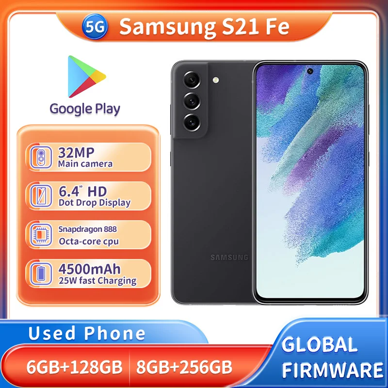 هاتف سامسونج جالاكسي S21 FE 5G G990U1 بشاشة 6.4 بوصة غير مقفلة 128 جيجابايت/256 جيجابايت وحدة المعالجة المركزية سنابدراجون 888 NFC هاتف مستعمل أصلي