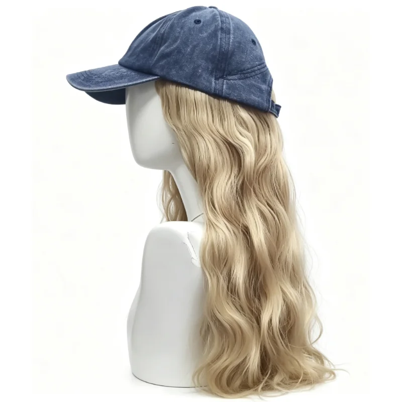 Anxin Brand Synthetic Fiber Wig: Denim Baseball Cap + Long Golden Curly Hair with Big Waves, Women's Daily Fashion Casual Style, European and American Style, Carnival, Halloween, Music Festival Hat Synthetic Wig