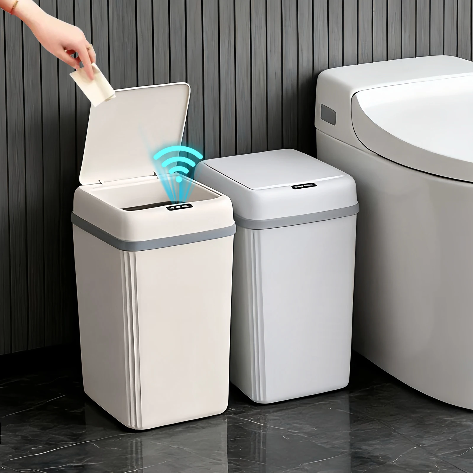 

2 Pack Trash Can with Lid Automatic Trash Can Small Smart Garbage Can Touchless Motion Sensor Plastic Trash Bins For Room Toilet