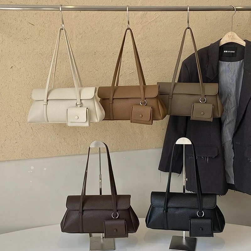 Women Retro 2Pcs Shoulder Bag PU Leather Underarm Handbag Ladies Casual Long Strap Purse with Small Coin Pouch