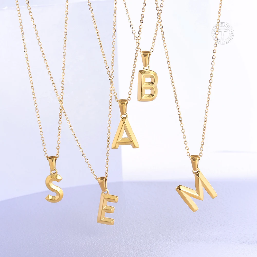 Gold Color Initial A-Z Letter Pendant Necklace Women Mens Stainless Steel Rolo Cable Link Chain Monogram Letter Necklace LDN341A