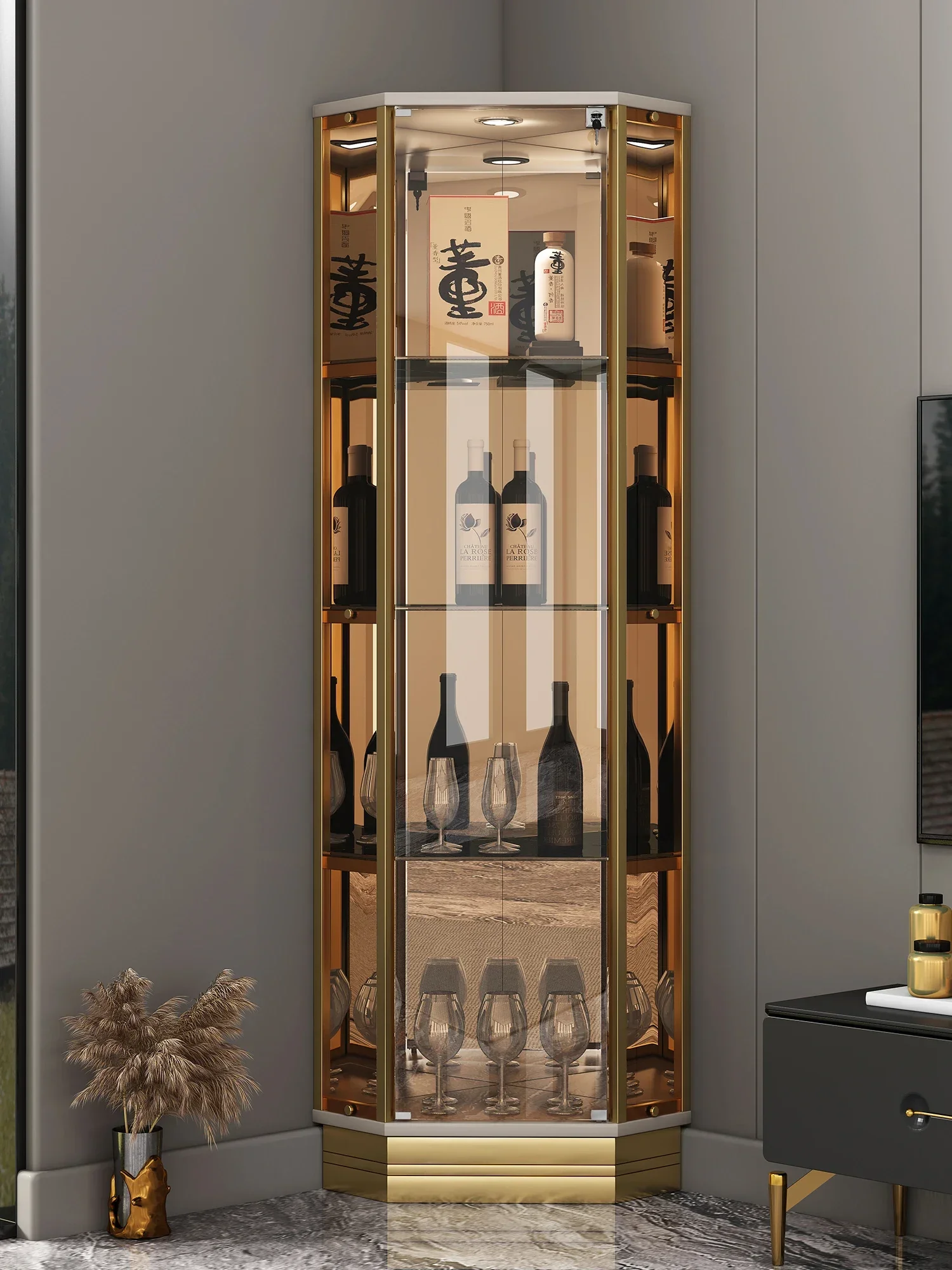 

D25Living Room Light Luxury Triangle Cabinet Small Apartment Wall Glass Stainless Steel Corner Cabinet