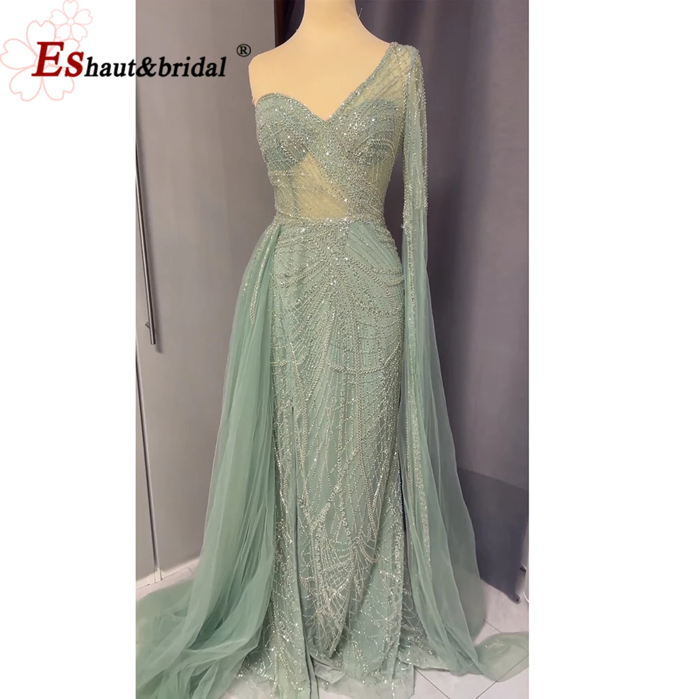 Elegant Mermaid One Shoulder Evening Dress for Women 2024 Elegant V Neck Crystal Long Formal Prom Wedding Party Gown Customized