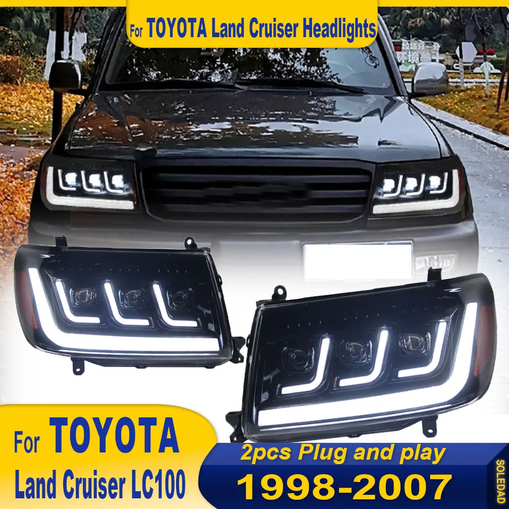 Pair Car Headlight For Toyota Land Cruiser LC100 1998-2007 LED Headlights Assembly DRL Turn Signal High Beam Angel Eye Projector