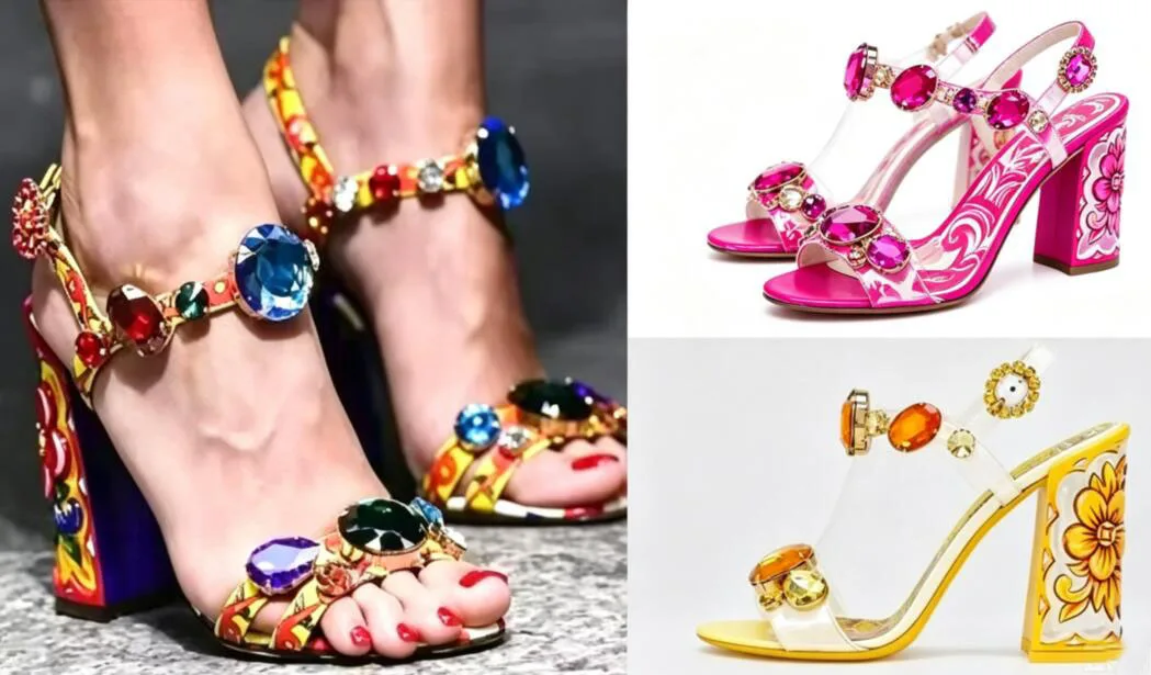 Summer Yellow Purple Flower Print Leather 6/9 CM Square Heels Sandals Porcelain Diamond Crystal Open Toe Banquet Sandals Lady