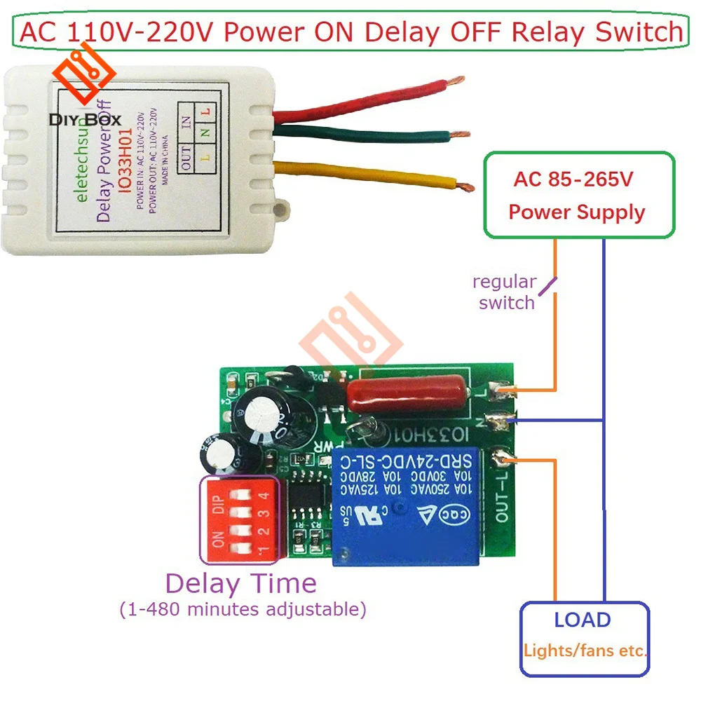 1-480Min Timer Adjustable Disconnect Delay Controller 7A AC110-220V Power ON Delay OFF Relay Switch For Kitchen Bathroom Stairs