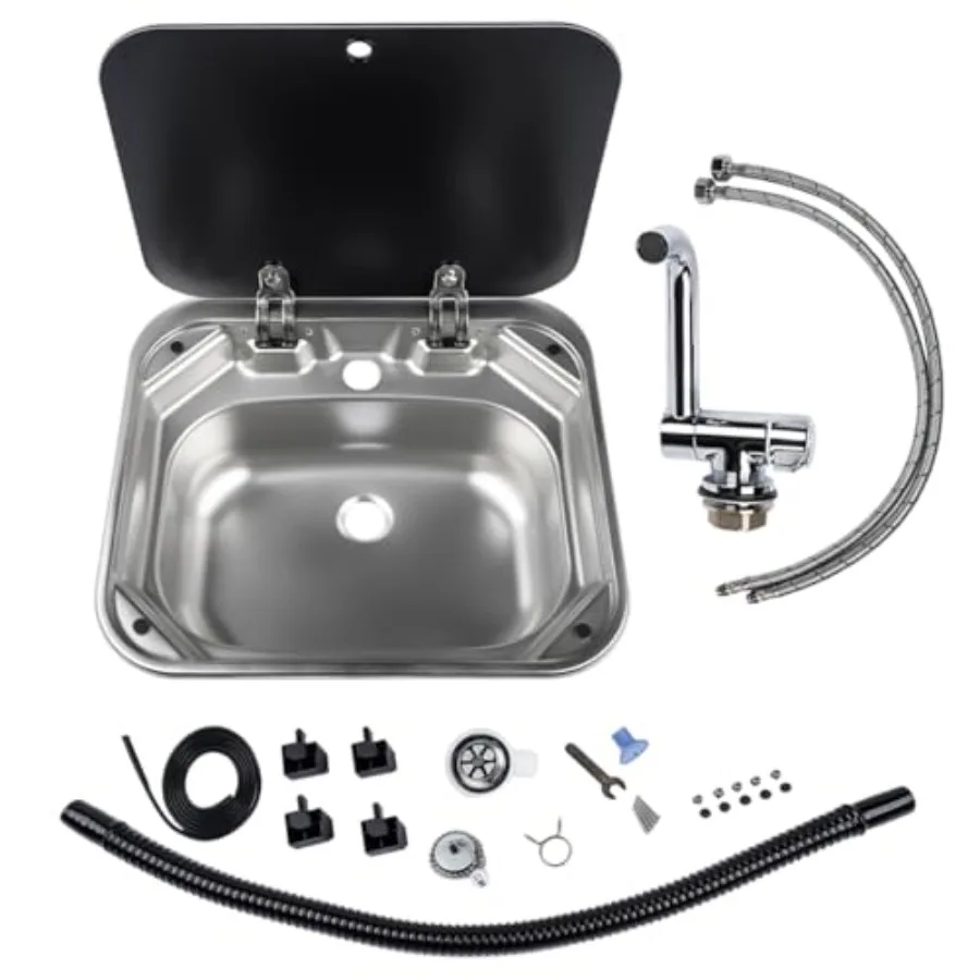 RV sink stainless steel hand wash basin with folding tempered glass lid and hotcold faucet single bowl drop-in for RV camper ca