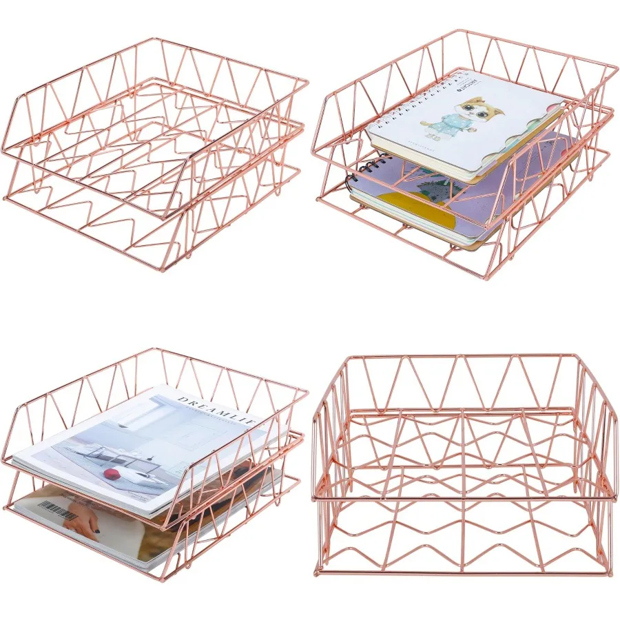 مجموعة PAG مكونة من 2 لوازم مكتبية معدنية قابلة للتكديس منظم رسائل المستندات للمكتب باللون الذهبي الوردي - مثالية للمكتب المنزلي #1