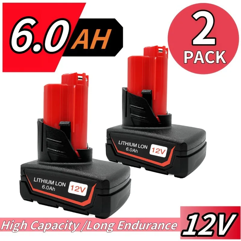 

2 Pack Milwaukee 12V 6.0Ah Lithium-Ion Replacement Battery Compatible More Cordless Power Tools - Highcapacity Batteries