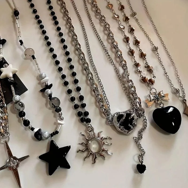6-piece Y2K Gothic style necklace set with black stars, sun, irregular heart shape, black beads, silver chain stacking jewelry