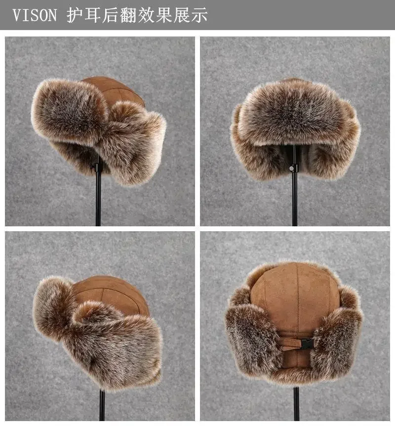 Winter Women Man Bomber Hat Russian Warm Thicken Rabbit Sheep Fur Earflap Hats  Leifeng Windproof Snow Ski Hat Black Bomber Cap