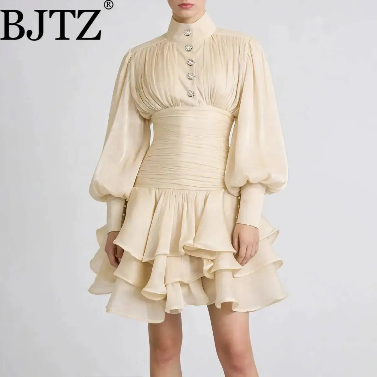 BJTZ 2026 Jesienna Sukienka w Stylu Retro Francuskim Vintage, Krótka, Jednolita, Stójka, Bufiaste Rękawy, Falbany, Marszczona Ta