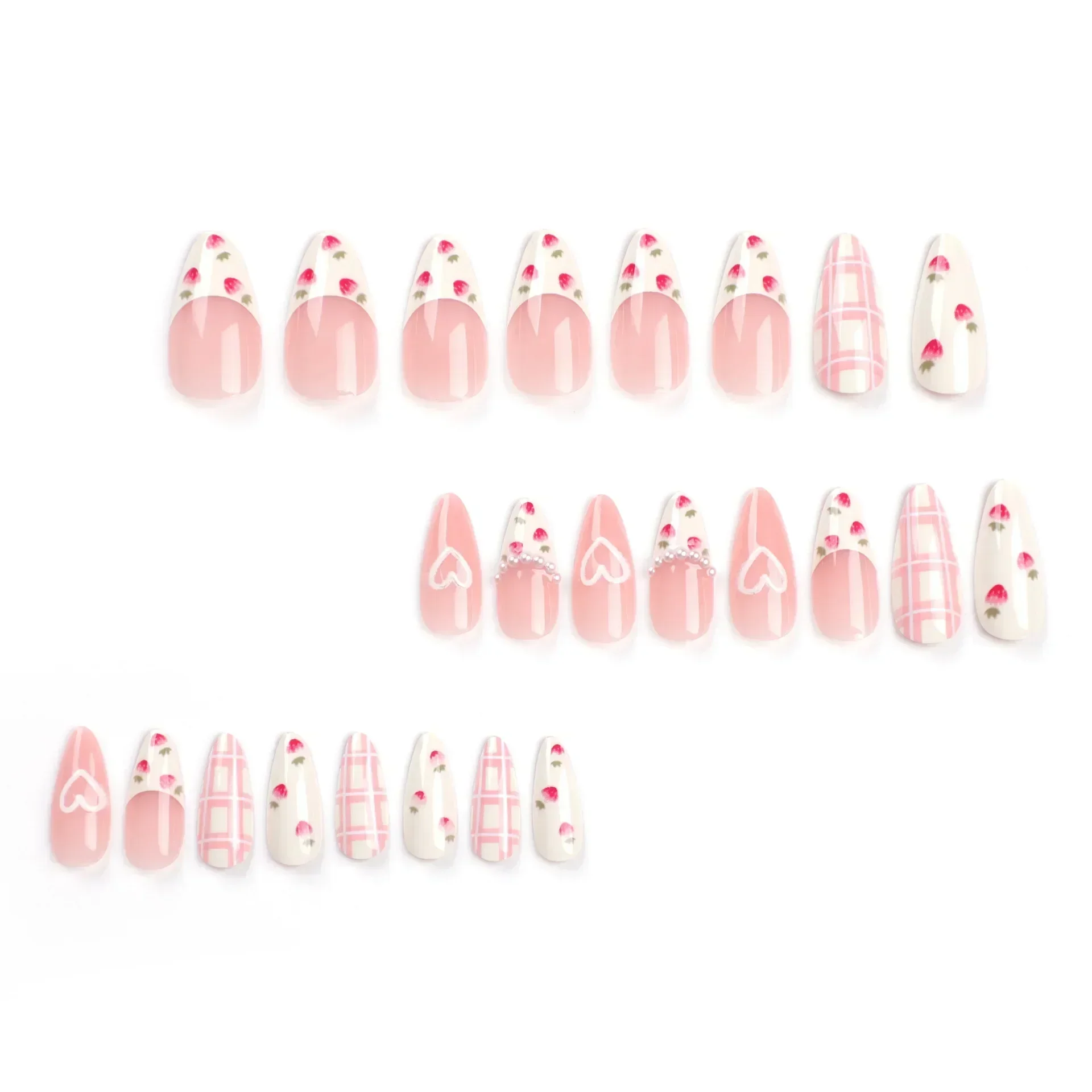 24pcs Pink Almond False Nail Strawberry 3D Love Design Nails Fake Press on Acyrlic Nails Wearable Ballerina Full Over Nail Tips