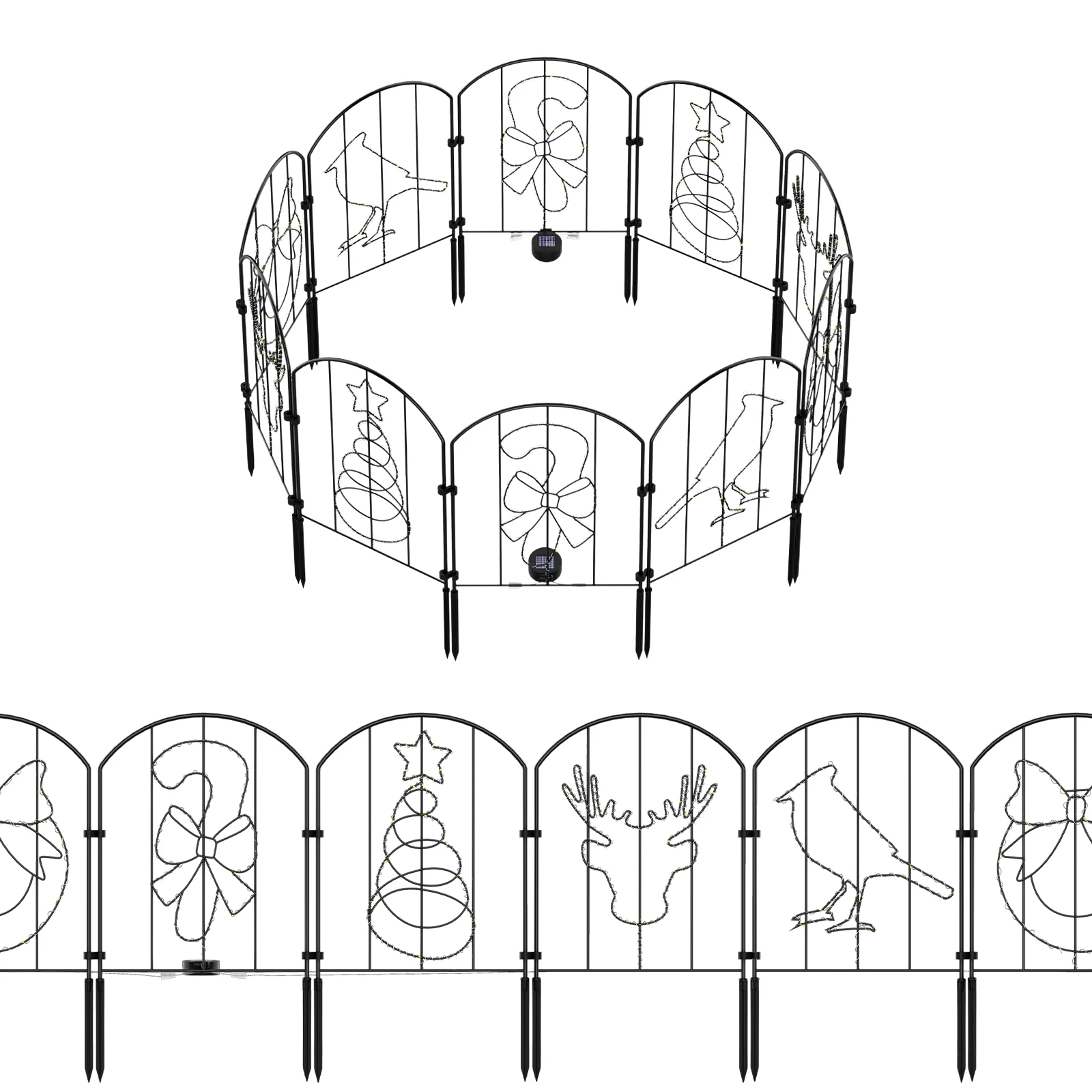 Decorative Garden Animal Barrier Edge Metal Border Fence Set of 10, Christmas Pattern with String Lights Decorative Fence Lights