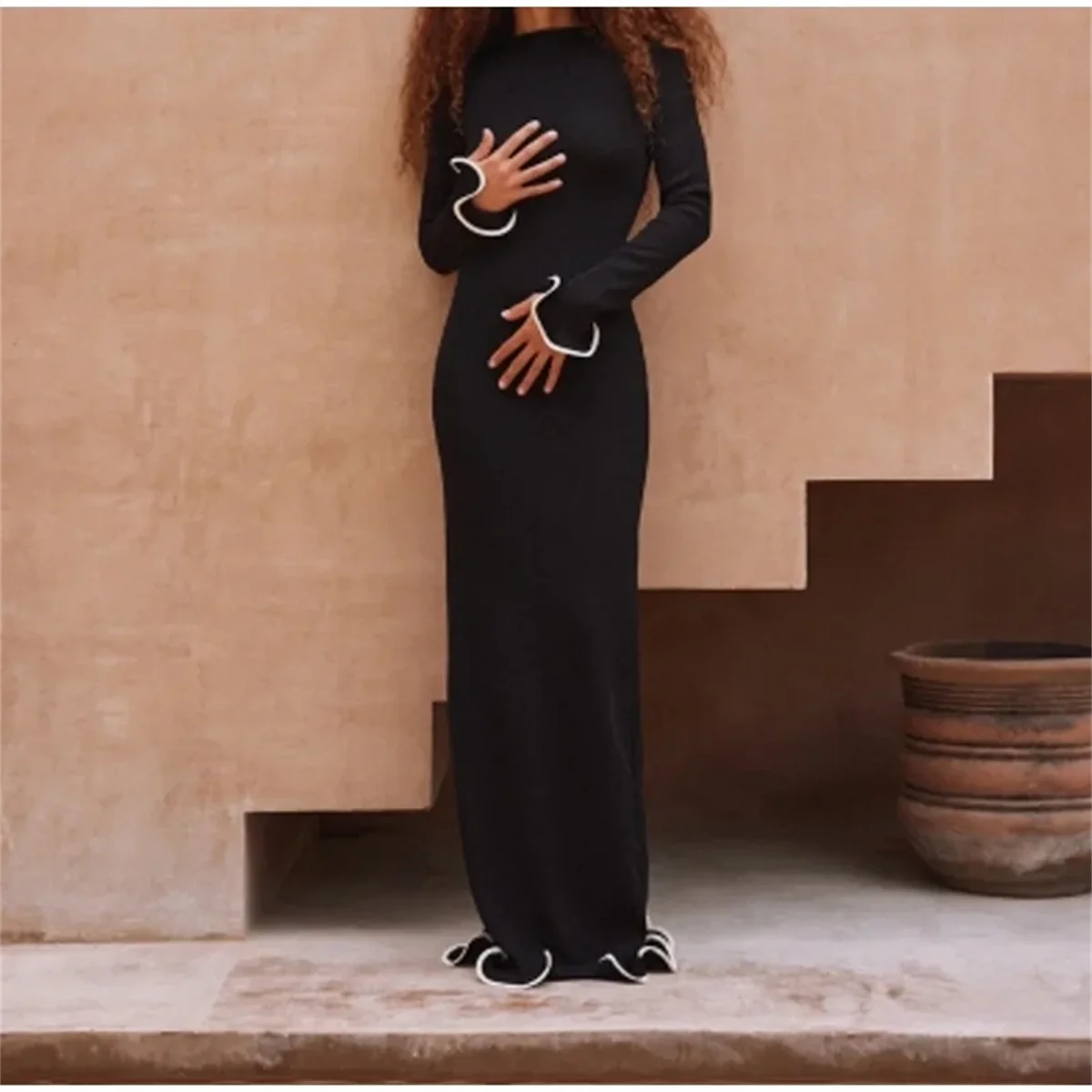 Backless Ruffled Knitted Long Dresses Flare Sleeve Solid New In Dress 2024 Slim Autumn Elegant Vestidos Lace Up Female Chic Robe