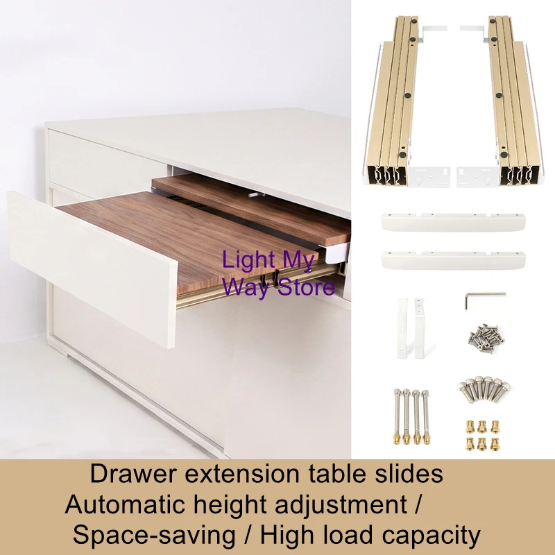 Concealed Push-to-Open Multi-Section Extendable and Folding Sliding Rails for Cabinet and Dining Table Drawers
