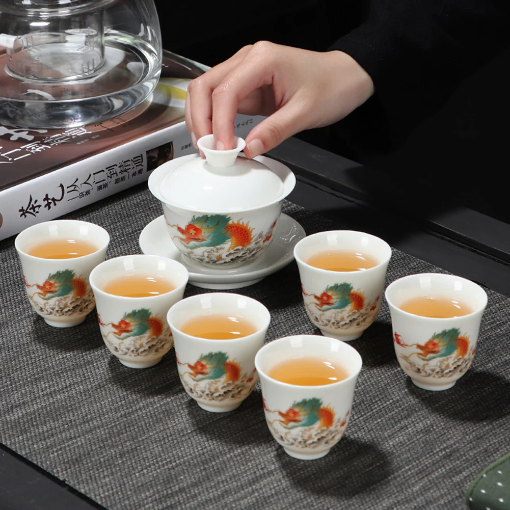 

Фарфоровый чайный сервиз Gongfu из баранины с жирным нефритом, элегантный бытовой чайный сервиз KungFu для дома